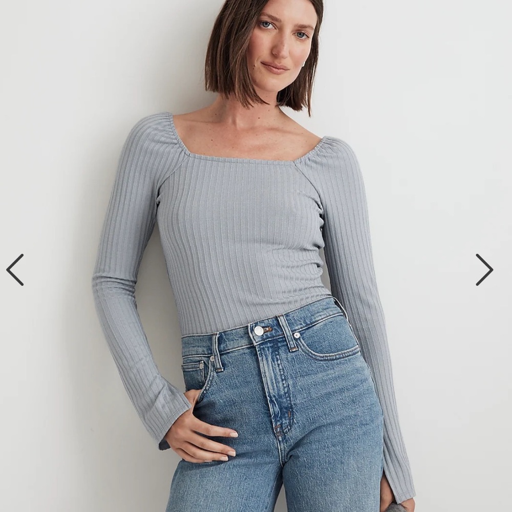 Madewell NEVER WORN Ribbed Square-Neck Long-Sleeve Tee, blue XXS